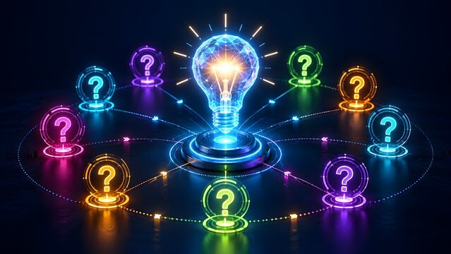 Brilliant digital lightbulb sparking with energy connected to colorful glowing question marks representing a breakthrough idea, creative brainstorming, and technological answers.