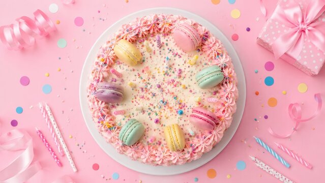 Pastel pink celebration cake with colorful macarons, sprinkles, frosting rosettes, confetti and gift for birthday party
