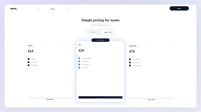 Interactive Software Pricing Table UI Animation with Monthly and Yearly Plan Switcher