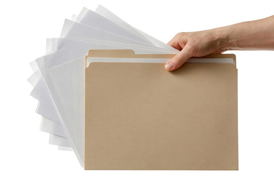 Hand Holding Manila File Folder with Fanned White Papers