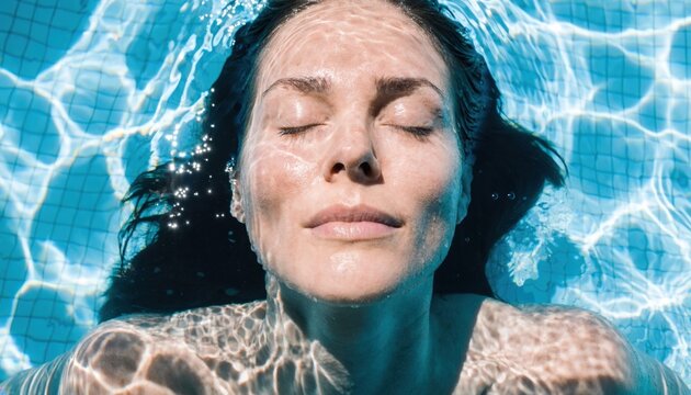 Woman Floating on Back with Eyes Closed in Pool Water