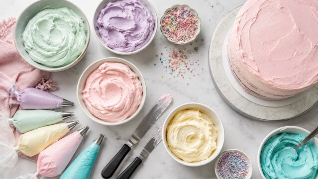 Overhead view of pastel buttercream bowls, piping bags and a frosted cake ready for decorating