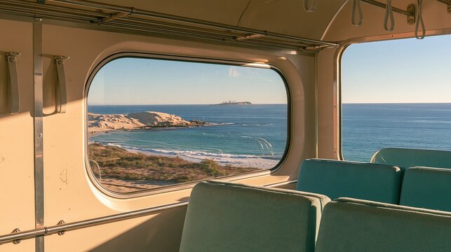 Empty coastal train carriage interior with turquoise seats overlooking a sunny ocean beach
