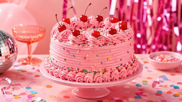 Pink layer cake with buttercream rosettes, cherries and colorful sprinkles on a cake stand at a festive party table
