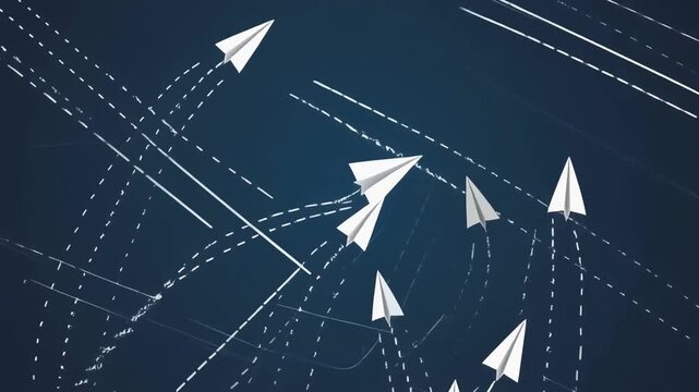 Paper Airplanes Flying in Different Directions on Blue Background, Concept of Individuality