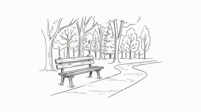 Peaceful park scene with wooden bench and winding path sketch