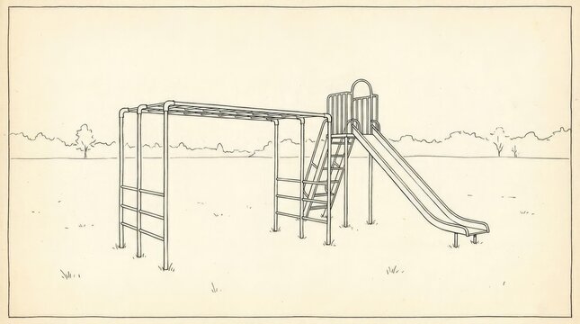 Playground equipment line drawing with slide and monkey bars.