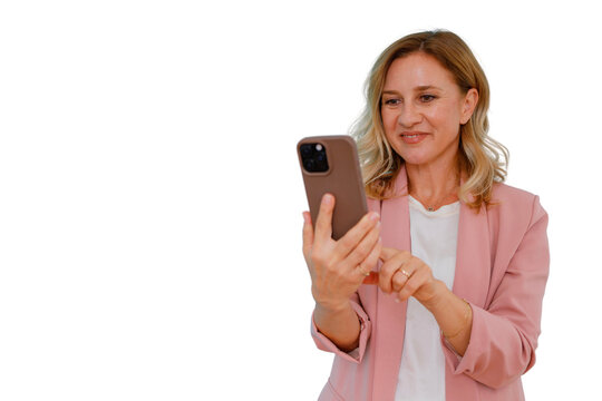 Blonde woman using a mobile phone, smiling and interacting with digital content, transparent background