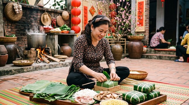 A woman preparing traditional food wrapped in banana leaves. She is sitting on a mat in an outdoor courtyard with a fire pit and cooking pots in the background