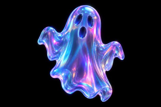 Iridescent holographic ghost character floating against a deep black background, Halloween celebration, spooky supernatural entity for festive graphic