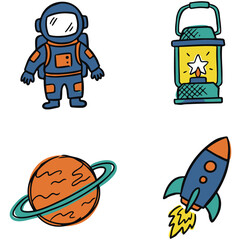 Set of Cute Hand Drawn Space Exploration Icons Featuring an Astronaut in Suit, a Rocket Ship Blasting Off, a Ringed Planet, and a Kerosene Lantern, Isolated on White Background for Design © Peng