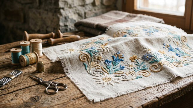 handmade textile art composition with vintage sewing tools and embroidered linen