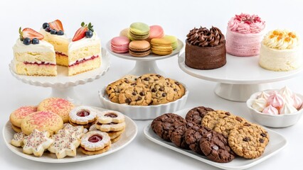 Fototapeta premium Assorted bakery desserts displayed on white platters, including cakes, cupcakes, macarons, cookies, and meringues