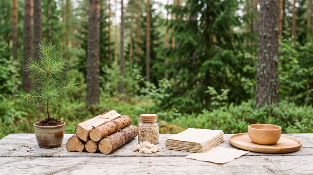 sustainable forestry concept with young pine sapling and wood materials