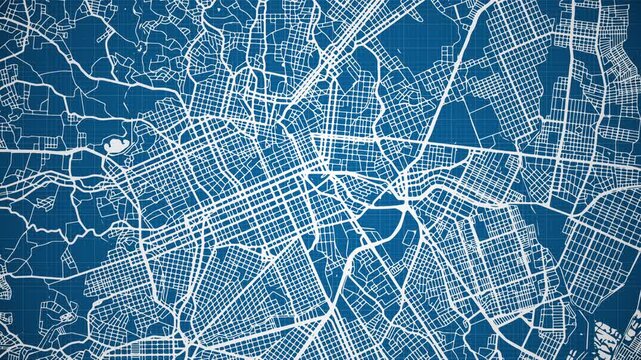 Ink reveal animation of Curitiba city, Paran&aacute;, Brasil (Brazil) grid map. Aerial top view. Blueprint style. White lines with blue background. 4K Seamless loop.
