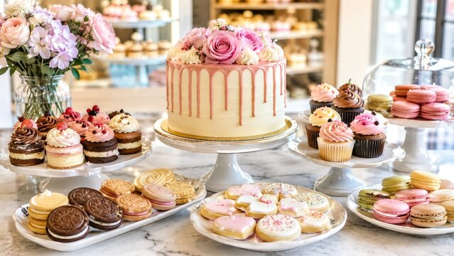 Elegant pastel bakery display with pink drip cake, frosted cupcakes, macarons and decorated cookies on marble countertop