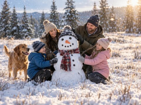 Familie mit Hund baut Schneemann bei goldenem Winterlicht
Eltern und zwei Kinder schm&uuml;cken gemeinsam ihren Schneemann, w&auml;hrend der Familienhund im Schnee wartet und warmes Sonnenlicht die verschneite