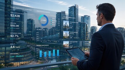 Fototapeta premium Businessman on balcony viewing city skyline with transparent financial data HUD overlays while using a tablet