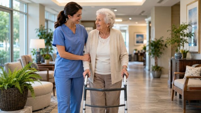 Elderly woman using a walker is assisted and smiled at by a nurse in scrubs walking down a bright assisted living hallway