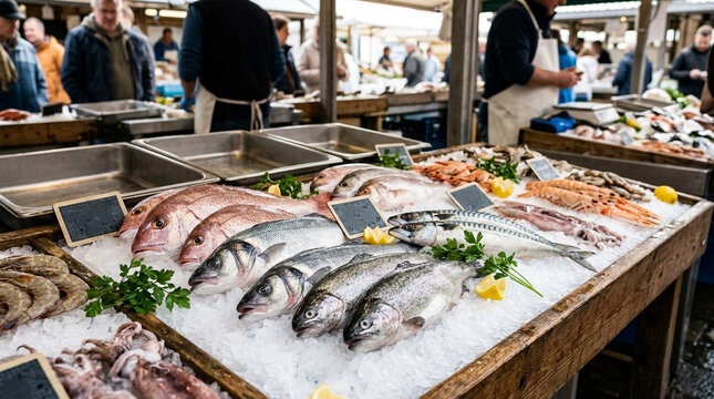 FreshSeafoodDisplayAtMarketWithCustomersShopping.
