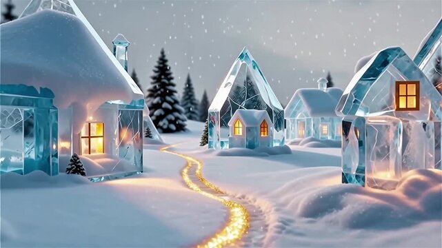 Magical winter wonderland village with glowing glass igloo houses and snowy landscape animation