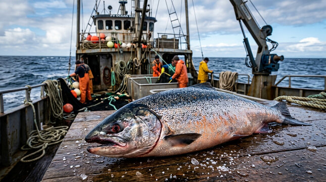 Large Fish Being Handled On Commercial Fishing Boat.