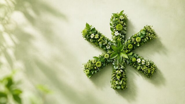 Green asterisk-shaped floral arrangement of leaves, herbs and small white flowers on a soft pale green background, natural decorative and wellness-inspired