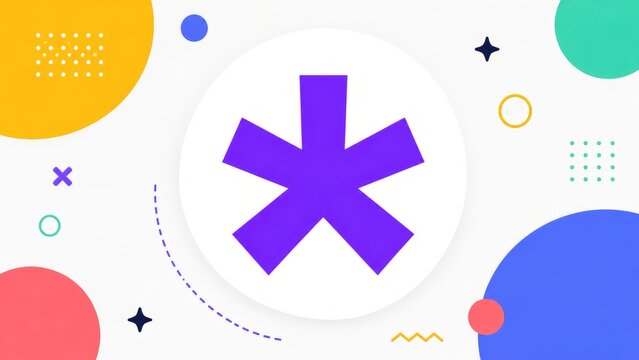 Purple six-point asterisk icon centered in a white circular badge on a colorful abstract background with playful geometric shapes