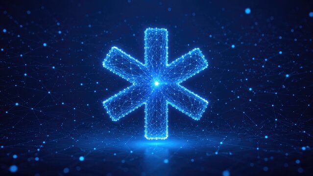 Glowing blue digital asterisk symbol formed by connected particle network