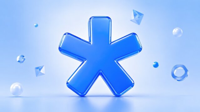 Glossy blue 3D asterisk icon with floating geometric shapes on a soft light-blue gradient background