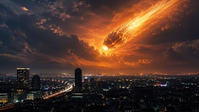 Fiery meteor streaks across an orange sky above a glowing city skyline at night, casting dramatic clouds and a blazing trail toward the horizon