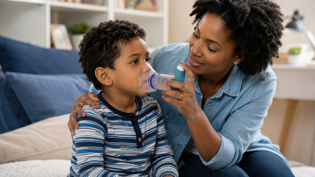 Woman administering a nebulizer inhaler mask to a young boy for pediatric breathing treatment at home in a cozy living room
