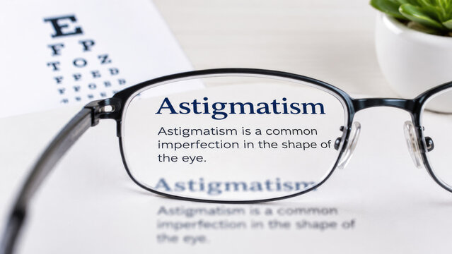 Close-up of eyeglasses highlighting the word "Astigmatism" on a medical document beside an eye chart, emphasizing vision and eye care
