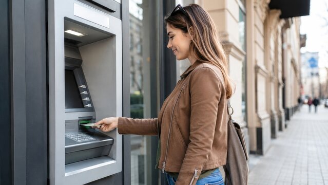 Young woman inserting a bank card into an ATM on a city sidewalk, casual outfit with brown jacket and backpack, daytime urban banking transaction