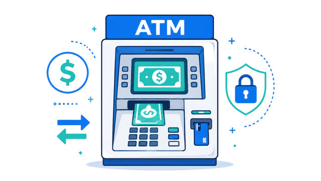 Front-facing ATM cash machine dispensing dollar bills with keypad, card slot and security icons representing secure banking and cash withdrawal