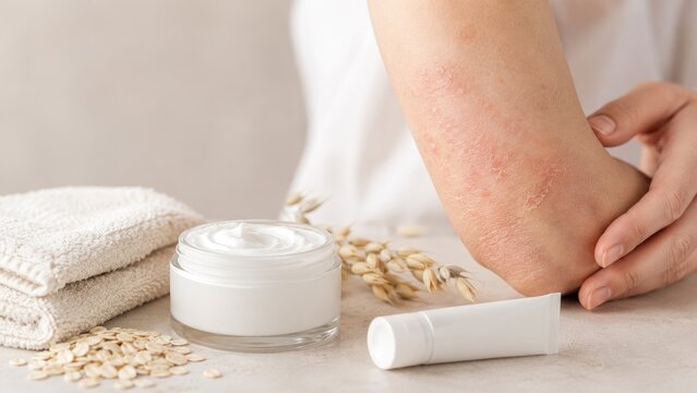 Arm with red, flaky eczema on the elbow beside a jar and tube of cream, oats and towels suggesting a natural moisturizing skincare treatment