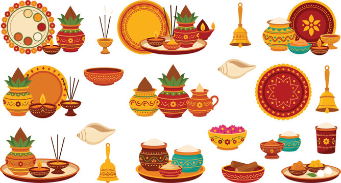 Traditional Diwali Puja Decoration Collection with Diyas, Kalash, Rangoli, Incense, Bells, Conch Shells, Plates, Sweets and Ritual Elements