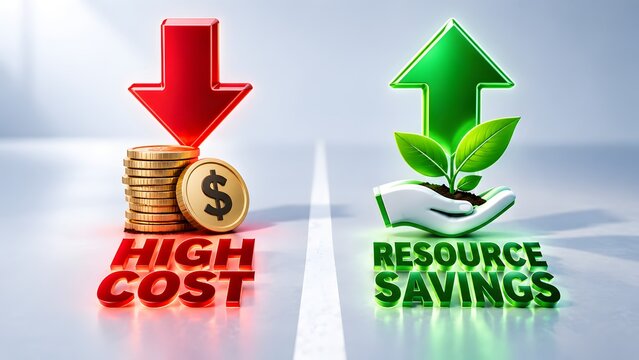 Red arrow pointing down to gold coins beside green arrow with plant in hand. Concept of sustainable investment, cost reduction, and green economy.