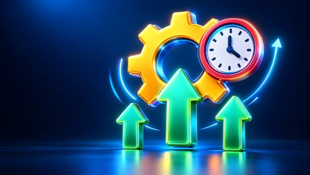 Green upward arrows with yellow gear and clock on dark background. Concept of business productivity, time management, and operational efficiency.