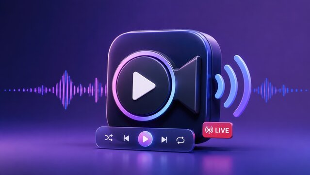 3D neon media streaming icon with play button, video camera, sound waves, playback controls and live badge on a purple gradient background