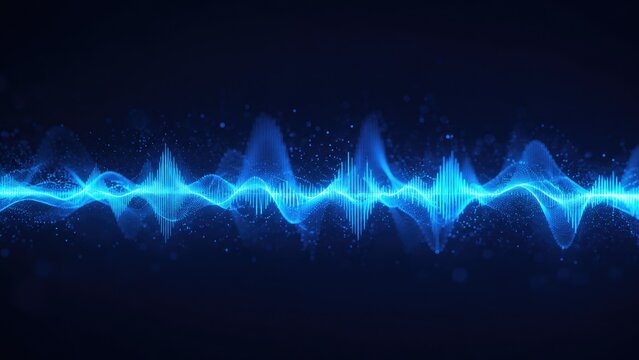 Glowing neon-blue audio waveform visualization across a dark background, futuristic sound signal with particles and pulse