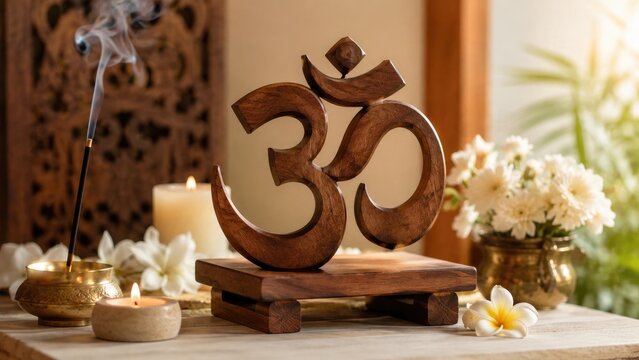 Wooden Om (Aum) symbol on a low stand surrounded by lit candles, incense smoke and white flowers on a serene spiritual altar