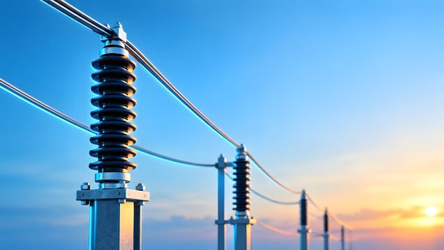 High voltage ceramic insulators and power transmission lines under a sunset sky. Suitable for industrial energy infrastructure and electrical grid background design.