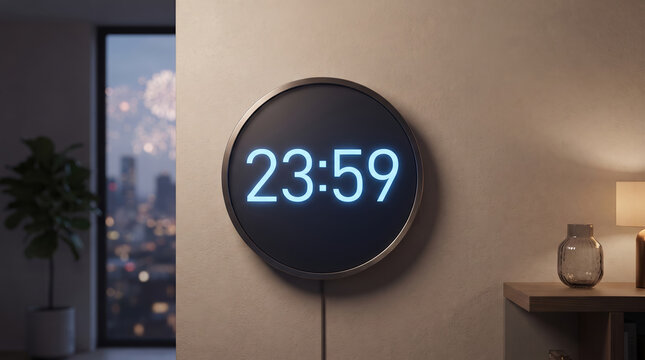 Digital clock showing 23,59, creating a sense of anticipation for a new year or impending event, with fireworks illuminating a city skyline through a window