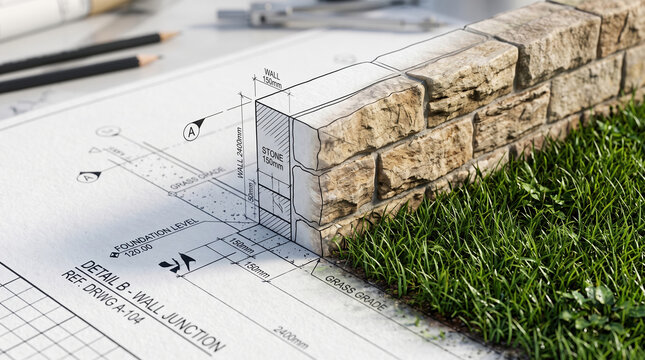 Architectural blueprint drawing transitioning to a completed stone wall, illustrating construction progress, planning, and landscape design realization