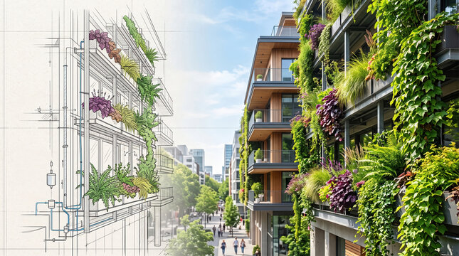 Building design evolving with green architecture integrating vertical gardens and eco friendly urban living, showing sustainable development and smart city concepts