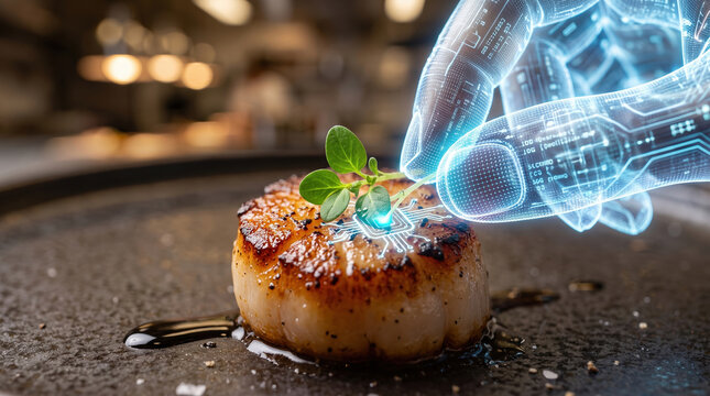 Artificial intelligence hand perfecting a gourmet meal with precision, integrating technology into culinary arts, concept of AI chef, smart cooking, and advanced food preparation