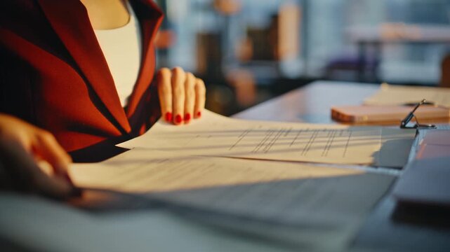 Closeup lawyer hands turning contract pages sunset office. Legal review desk.