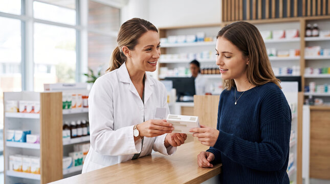 Pharmacist handing medicine to a female customer, providing professional health advice and excellent client service in a modern pharmacy setting