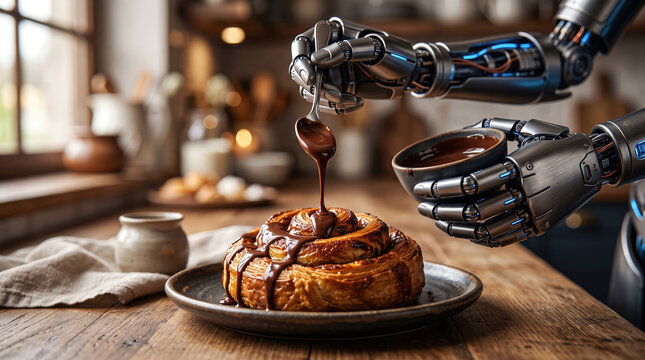 Robotic arm accurately glazing a freshly baked pastry with chocolate sauce, demonstrating advanced AI automation in modern kitchen and future food preparation